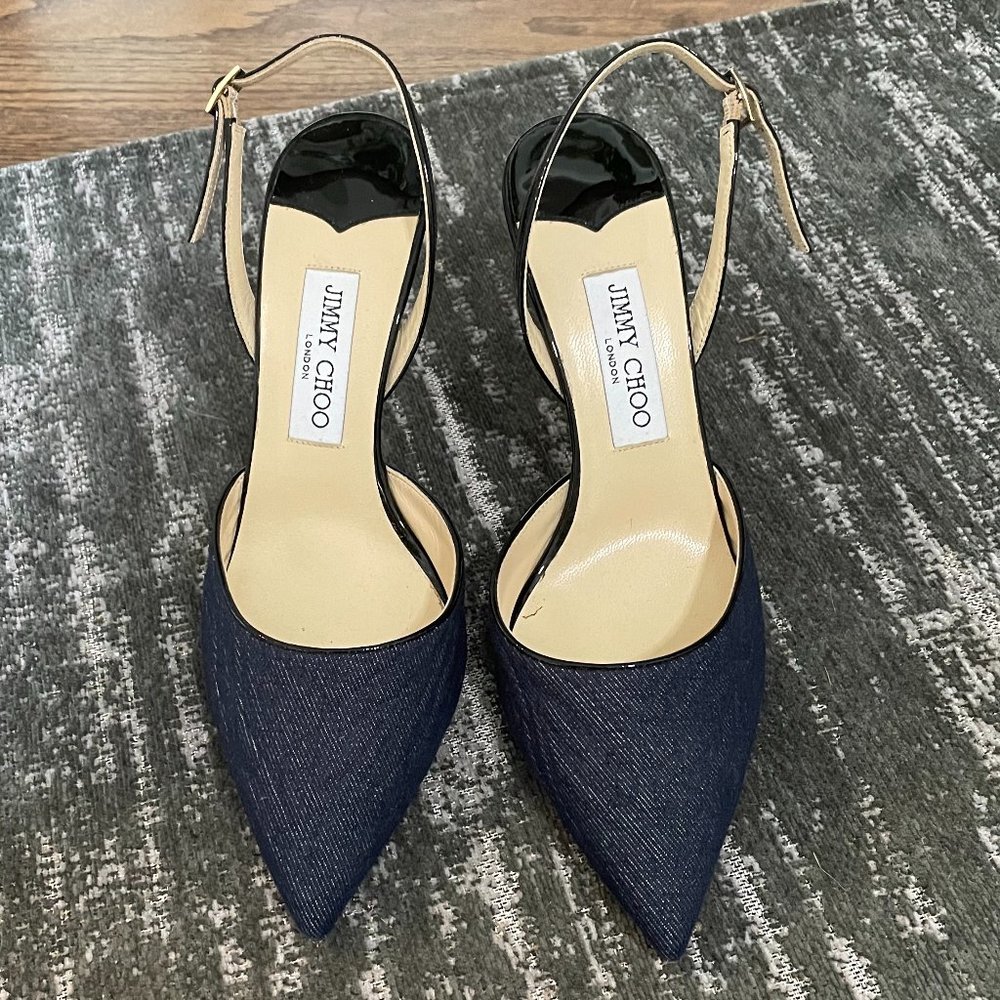 Jimmy Choo denim + black patent mules, size 40 / 10 / 9.5 / 9